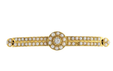 An early 20th century 18ct gold diamond and split pearl brooch.