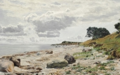 Janus la Cour: At the beach near Aarhus. Signed and dated J. la Cour 9. Aug. 1884. Oil on canvas. 46 x 76 cm.