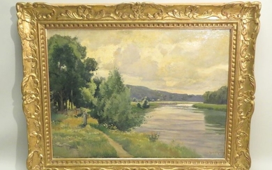 Maurice MOISSET (1860 1946). Paysage lacustre. Hui…