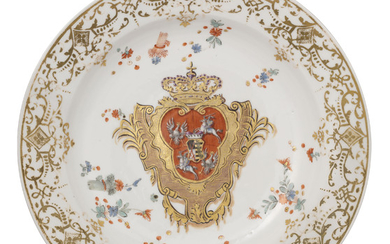 A MEISSEN PORCELAIN ROYAL ARMORIAL DISH FROM THE 'CORONATION SERVICE', 1733, BLUE CROSSED SWORDS MARK, WHEEL-ENGRAVED JAPANESE PALACE INVENTORY NUMBER N=147 / W, IMPRESSED DREHER'S / MARK