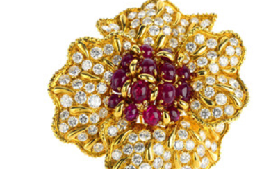 A mid 20th century, 1970s, ruby and diamond floral brooch. View more details