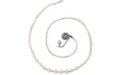 A pearl and seed pearl necklace with a diamond clasp