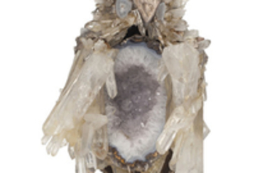 A THUNDER EGG, ROCK CRYSTAL AND SILVERED-METAL MODEL OF AN OWL, 20TH CENTURY