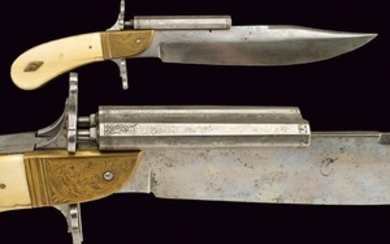 A VERY RARE BOWIE TYPE KNIFE WITH DOUBLE BARRELLED PERCUSSION PISTOL