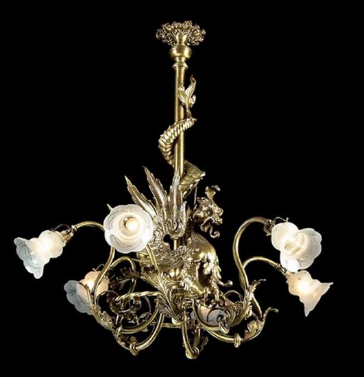 19th c. Continental dragon-form bronze chandelier
