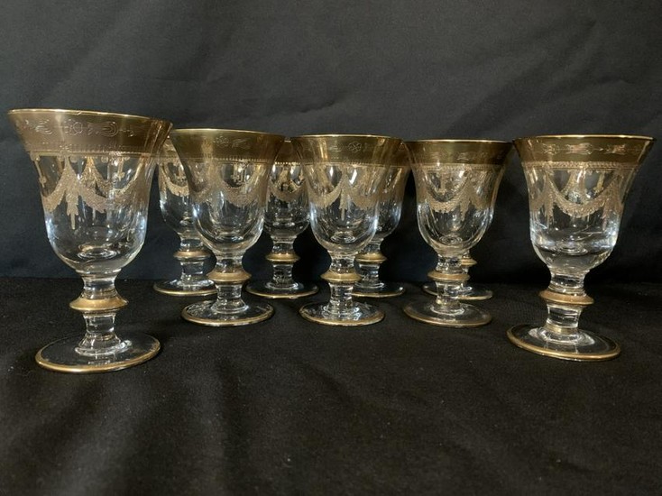 (9) ITALIAN CRYSTAL AND GOLD WATER GLASSES