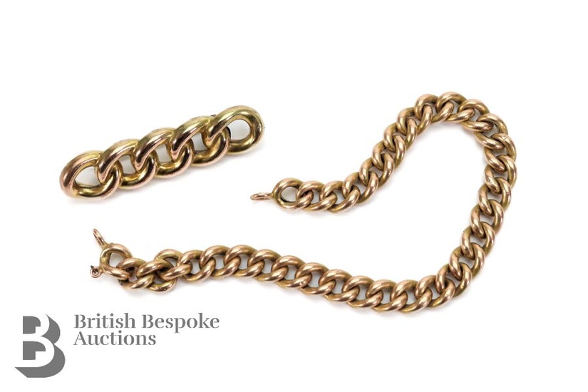 9ct yellow gold curb link bracelet (tested). The bracelet measures 165mm, approx 10.94 gms together with a 14ct curb-link brooch (on steel pin) 3.1 gms. (2)