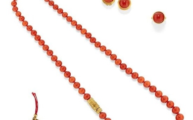 A 18k yellow gold and coral necklace, earclips, ring and closure
