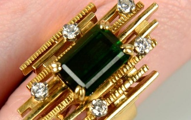 A 1970s 18ct gold green tourmaline and brilliant-cut diamond ring.Green tourmaline calculated weight