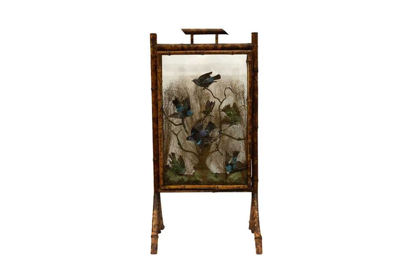A BAMBOO FIRESCREEN DISPLAY OF EXOTIC BIRDS AND BEETLES, IN THE MANNER OF ROWLAND WARD