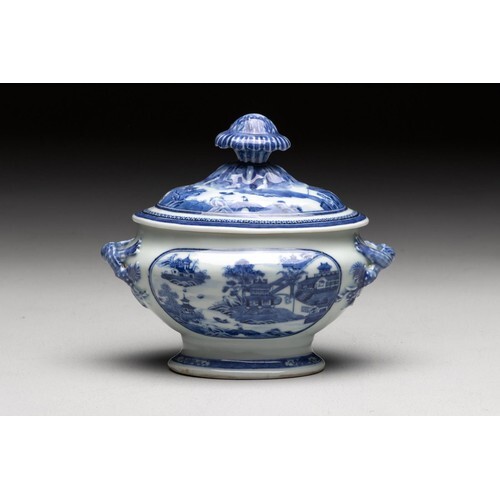 A CHINESE BLUE AND WHITE 'VILLAGE HAMLET' TUREEN AND COVER, ...