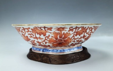 A Chinese Iron Red Porcelain Bowl with Wood Stand