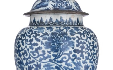 A Chinese blue and white 'Peony' jar and...