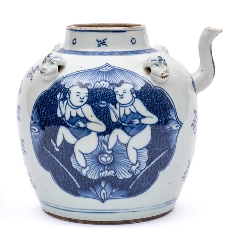 A Chinese blue and white 'boys and lotus' wine ewer: with sh...