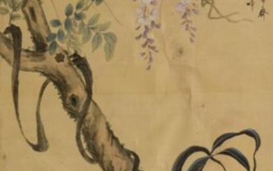 A Chinese ink and watercolour on silk, with a signed text