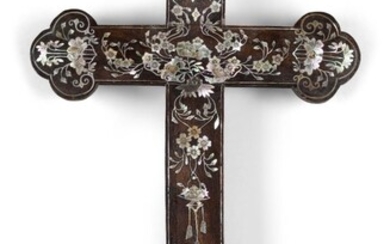 A Chinese mother-of-pearl inlaid wood Apostle cross, probably Macau, first-half 19th century, inlaid with incised mother-of-pearl depicting flowers, foliage, flaming heart and bird, 44.5 high, 23.5cm wide