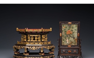 A Chinese wooden table screen with precious stones and an al...