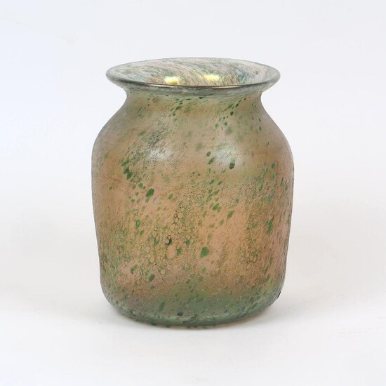A Continental hand blown glass vase, possibly late 19th or early 20th century, translucent green and iridescent glass with everted rim, tapering body and rough pontil mark, 19.5cm high, 14cm diameter