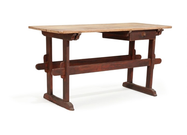 A Danish 19th century pine country style table, base and drawer with original red paint. H. 81. L. 153. W. 68 cm.