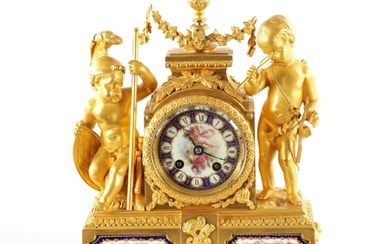 A FINE 19TH CENTURY GILT ORMOLU SEVRES PANELLED MANTEL CLOCK...