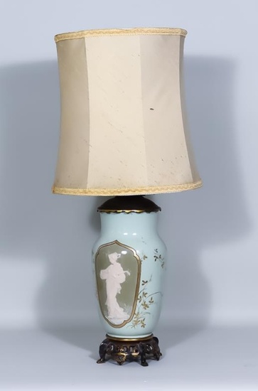 A French Pate-Sur-Pate Celadon Porcelain Gilt-Metal Mounted Oil Lamp,...