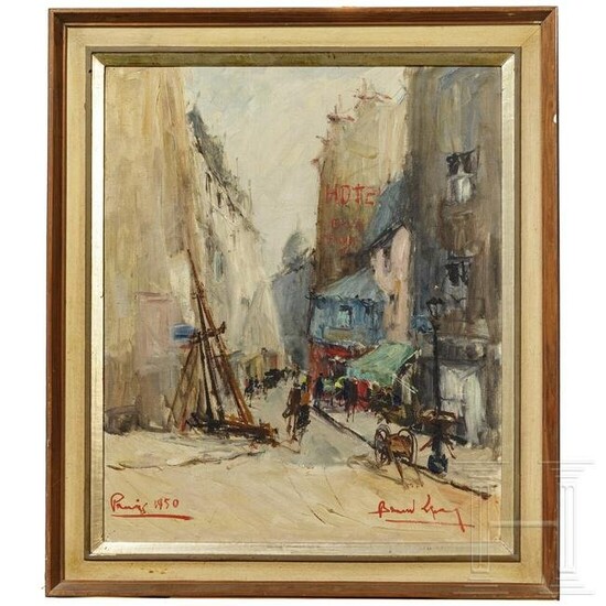 A French painting of a street scene in Paris, dated