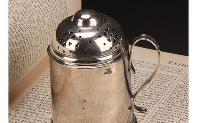 A George II silver kitchen pepper, domed pierced cover, scro...