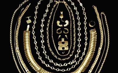 A Group of Gold Coloured Costume Jewellery; Necklaces, earrings etc.