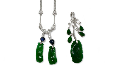 A JADEITE, SAPPHIRE AND DIAMOND PENDENT NECKLACE AND PENDANT