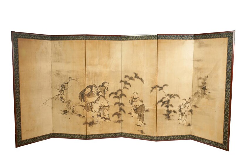 A JAPANESE LITERATI SUBJECT SUMIE SIX PANEL SCREEN EDO PERIOD (1603-1868), CIRCA 1700