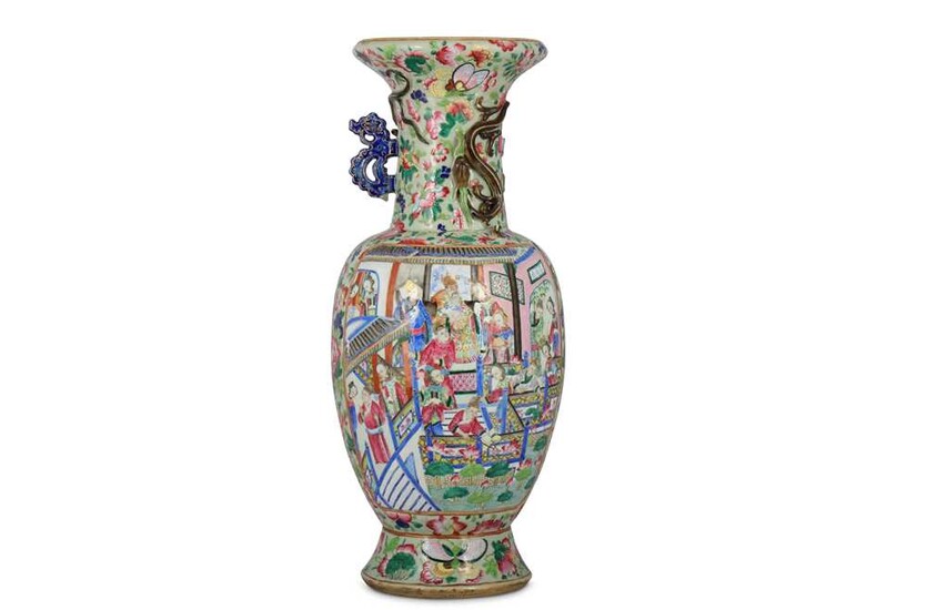 A LARGE CHINESE CANTON FAMILLE ROSE FIGURATIVE VASE.