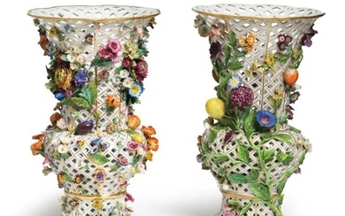 A LARGE PAIR OF 19TH C. FLOWER ENCRUSTED RETICULATED MEISSEN VASES