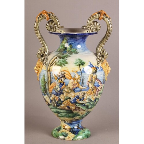 A LATE 19TH CENTURY CANTAGALLI FAIENCE POTTERY TWO HANDLED B...
