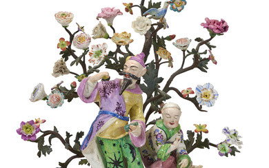 A LOUIS XV ORMOLU AND TOLE-PEINTE-MOUNTED DERBY PORCELAIN CHINOISERIE FIGURE...