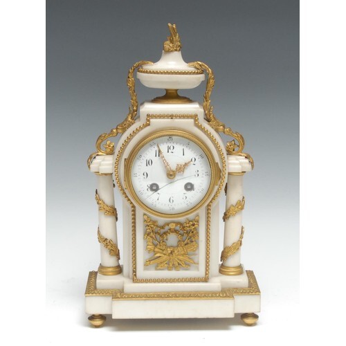 A Louis XVI style ormolu and white marble mantle clock, 9cm ...