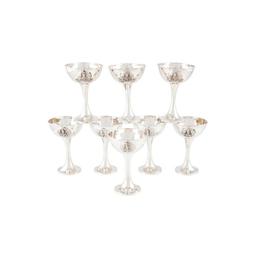 A MODERN THAI STERLING SILVER SET OF EIGHT GOBLETS, with app...