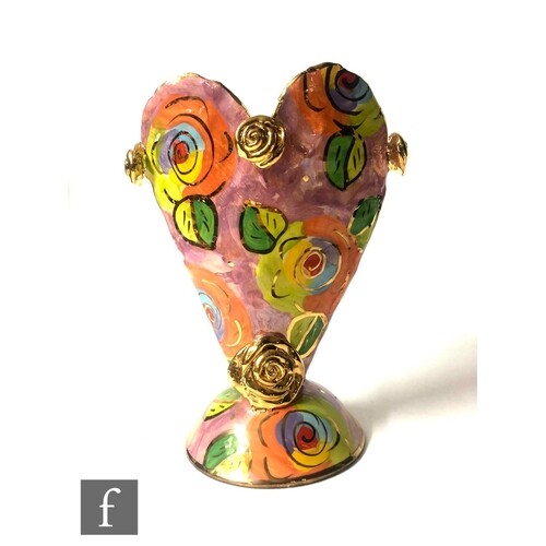 A Mary Rose Young studio pottery vase of heart form raised o...