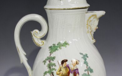 A Meissen porcelain coffee pot and cover, 18th century, probably outside factory painted with a peas