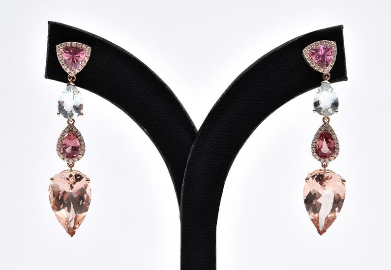 A PAIR OF AQUAMARINE, PADPARADSCHA SAPPHIRE AND MORGANITE DROP EARRINGS IN 18CT ROSE GOLD, 40MM LONG, 8.5GMS
