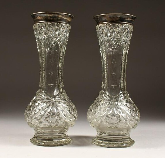A PAIR OF CUT GLASS VASES with silver tops. 12ins