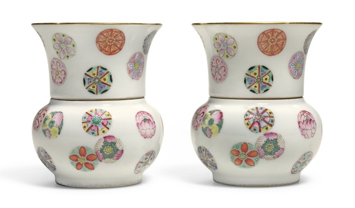 A PAIR OF FAMILLE-ROSE 'FLOWER-BALLS' WINE CUPS AND WARMERS SEAL MARKS AND PERIOD OF DAOGUANG