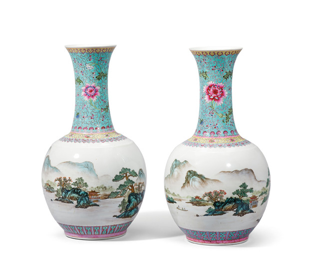 A PAIR OF FAMILLE ROSE ‘LANDSCAPE’ VASES, 20TH CENTURY, ZHONGGUO JINGDEZHEN ZHI SEAL MARKS IN IRON-RED