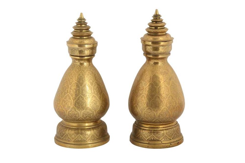A PAIR OF THAI ENGRAVED CEREMONIAL BRASS VASES Thailand, South East Asia, 19th century