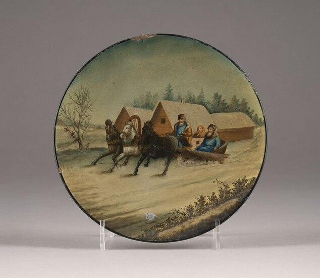 A PAPIERMACHÃ‰ AND LACQUER PLATE WITH WINTER TROIKA