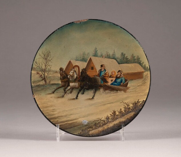 A PAPIERMACHÉ AND LACQUER PLATE WITH WINTER TROIKA
