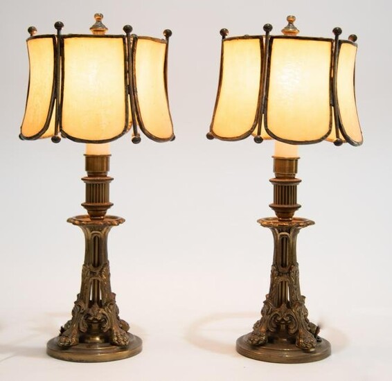 A Pair of Brass Table Lamps with Slag Glass Shades