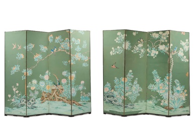 A Pair of Chinese Export Painted Wallpaper Four-Panel Screens, 19th Century