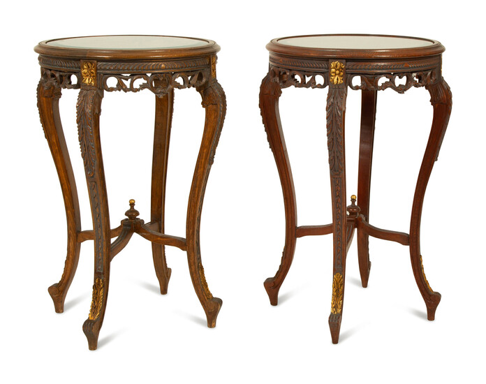 A Pair of Louis XV/XVI Transitional Carved Walnut Gueridons with Inset Glass Tops