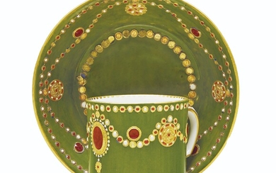 A SEVRES PORCELAIN OLIVE-GREEN GROUND 'JEWELED' CUP AND SAUCER (GOBELET 'LITRON' ET SOUCOUPE, 3EME GRANDEUR), CIRCA 1781, BLUE INTERLACED L'S MARK ENCLOSING DATE LETTER DD, PAINTER'S MARK FOR A. CAPELLE AND GILDER'S MARK FOR E.-H. LE GUAY