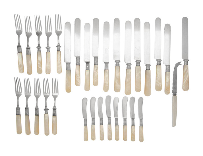 A Set of Silver, Stainless Steel and Mother-of-Pearl Flatware Articles